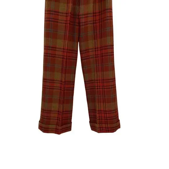 Valentino Plaid Wool Pants Red Brown Straight Leg Cuffed Trouser Womens 4 - Picture 10 of 15